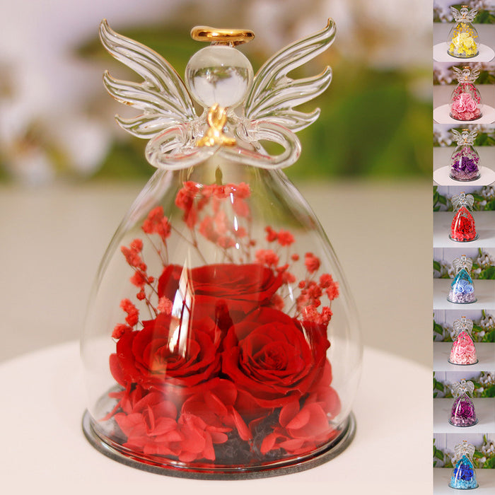 Eternal Flower Gift Box Angel Glass Cover Dried Rose Gift Box For Christmas New Year Valentine's Day Home Decor